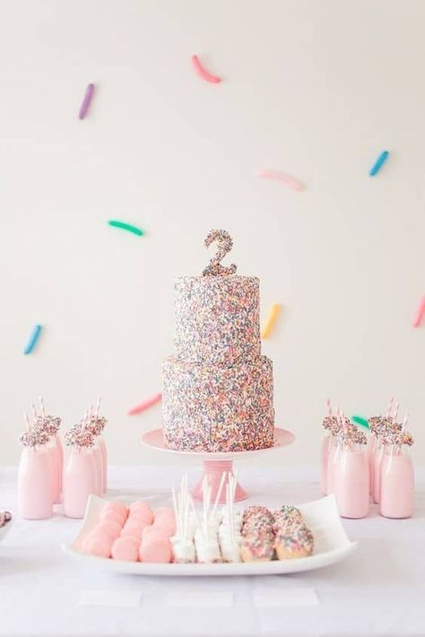 Dessert Birthday Party Theme, 2 Layer Cake Birthday, Girls 2nd Birthday Party Ideas, Girl 2nd Birthday Party Ideas, Sprinkles Birthday Party, Twin Girl, 2nd Birthday Party For Girl, Confetti Birthday Party, Sprinkle Party