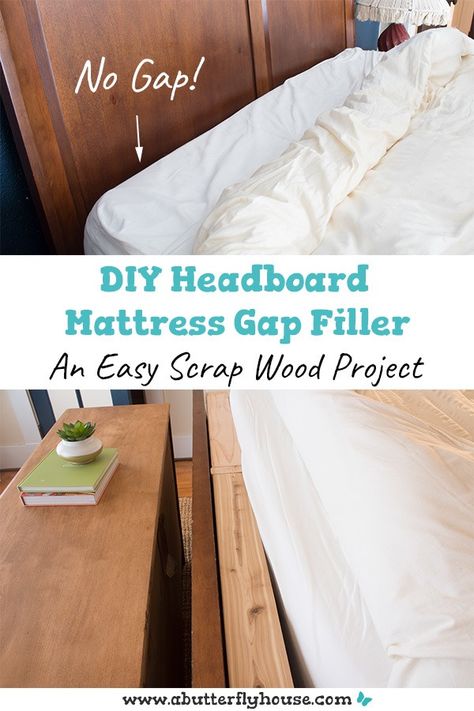 Wondering how to keep pillows from falling behind your bed? Check out this easy DIY Headboard Mattress Gap Filler, made from scrap wood pieces! Done in under 30 minutes, it's the perfect fix to your problem! #ScrapWoodProject Diy Wedge Pillow Headboard, Bed Gap Filler Diy, Mattress Gap Filler, Adjustable Bed Headboard, Diy Mattress, Pillow Headboard, Simple Headboard, Bed Wedge Pillow, Falling Behind