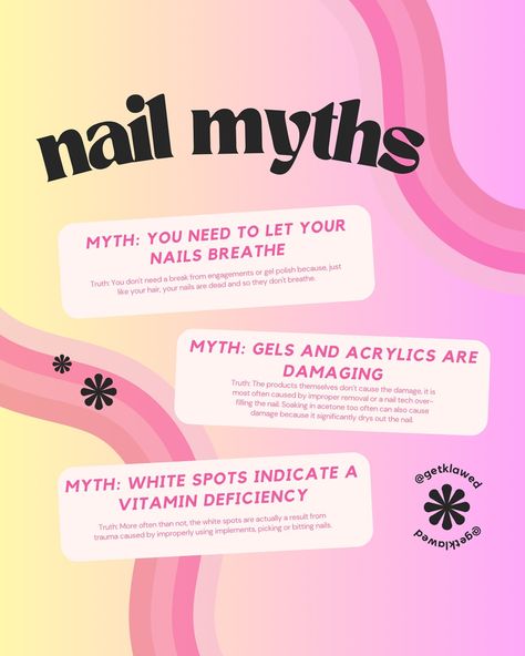 There are countless myths surrounding nail care and maintenance that can be misleading and confusing. From the notion that nails need to “breathe” to the belief that certain nail products can cause damage, it can be challenging to separate fact from fiction. By doing research and seeking advice from reputable sources, you can better understand the truth about nail care and avoid falling victim to popular nail care myths. ✨It is a common misconception that your nails need to “breathe” and re... Nail Facts Truths, Nail Care Advice, Nail Facts, Nail Knowledge, Nail Training, Myths And Facts, Business Nails, Nail Products, Popular Nails