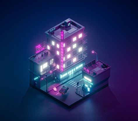 Cyberpunk Blender, Low Poly Cyberpunk, Futuristic City Concept Art, Futuristic Building Concept Art, Cyberpunk Diorama, Cyberpunk City Concept Art, Low Poly Sci Fi, Illustrator Isometric, Low Poly Isometric