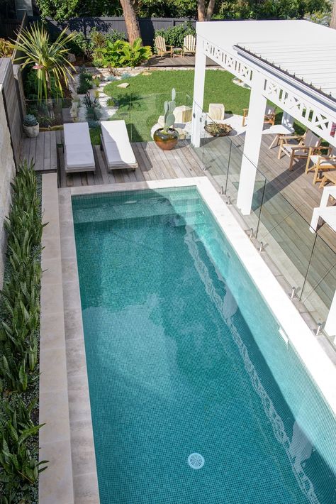 Simple Pool Landscaping Backyard, Pool Up Against House, Pool Off Back Deck, Beach House Pool Backyards, Pool Layout Design, Pool In Front Of House, Small Outdoor Pool Ideas, Pool Area Ideas Australia, Outdoor Pool Areas