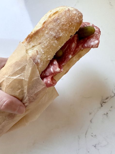 Salami Baguette Sandwich, Sourdough Baguette Sandwich, Tartine Recipes, Sandwich Specials, Sandwich Baguette, Salami Sandwich, Italian Salami, Big Sandwich, Baguette Sandwich