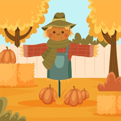 Fall Harvest Illustration, Scarecrow Illustration, Fall Leaves Illustration Autumn, Autumn Foliage Illustration, Autumn Vector Illustration, Autumn Illustration, Flat Illustration, Busy Book, Scarecrow