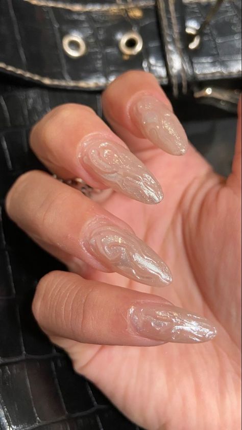 Beige Nails With Pearls, Pearly White Nails With Design, Milky White Nails Y2k, Silver Blob Nails, Y2k Prom Nails, White Ethereal Nails, White Textured Nails, Pearl Marble Nails, Textured Chrome Nails