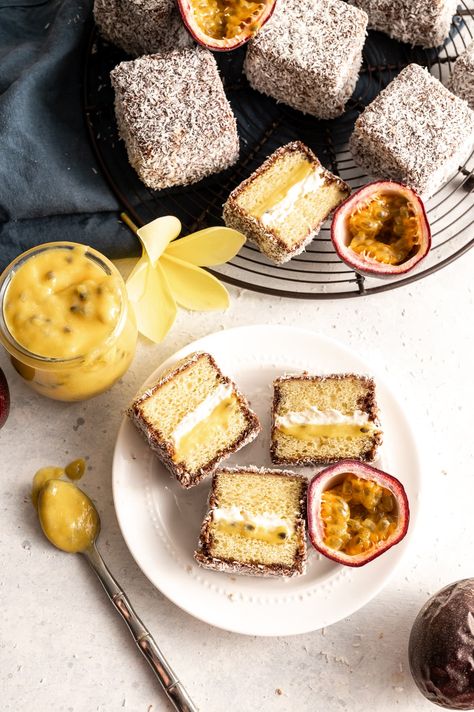 Passion Fruit Lamingtons Fruit Cake Filling, Lamingtons Recipe, Passion Fruit Cake, Fruit Curd, Passion Fruit Curd, Passionfruit Recipes, Sponge Cake Filling, Chocolate And Coconut, Pineapple And Coconut