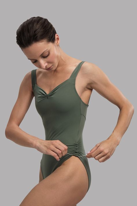 Front pinch detail creates beautiful front line and adjustable leg cut line allows ballerina to gather the leotard the way she feels comfortable. Ballet Leo, Lyrical Shoes, Flamenco Shoes, Ballet Wear, Leotard Fashion, Dance Belt, Ballroom Shoes, Dance Sneakers, Tank Leotard