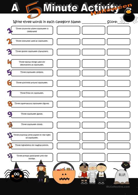 5 Minute Activity, Halloween Lesson, Halloween Worksheets, Esl Activities, Halloween Classroom, Speaking Activities, Icebreakers, English Activities, School Room