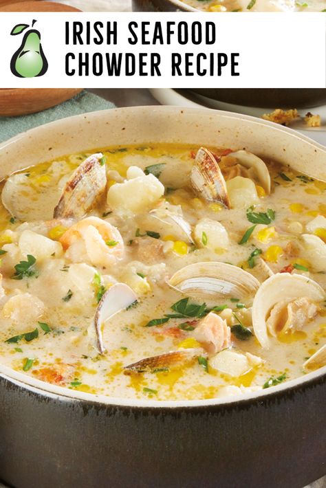 Irish Shrimp Recipes, Seafood Chowder With Scallops, Corn And Seafood Chowder, Bay Scallop Chowder, Shrimp And Scallop Soup Recipes, Irish Seafood Chowder Recipe Ireland, Sea Food Chowder Recipes, Irish Soup Recipes Ireland, Fish Soups And Chowders