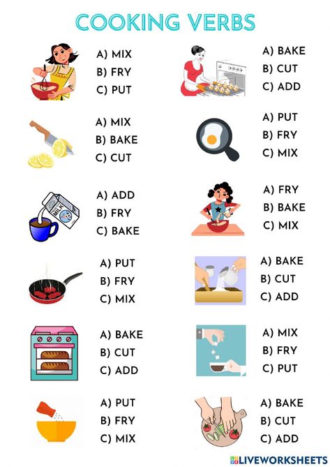 Cooking Verbs Worksheet, Kitchen Verbs, English Vocabulary Exercises, Cooking Verbs, Action Verbs Worksheet, Verbs For Kids, Verb Games, Verbs Activities, Vocabulary Exercises