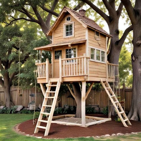 30 Tree House Ideas and Designs for Kids (2024) Build A Tree House, Tree House Plans For Adults, Best Tree Houses, Aesthetic Swingset, Tree House Plans For Kids, Tree House Building Plans, Elevated Tree House, Tree House For Kids, Free Standing Tree House