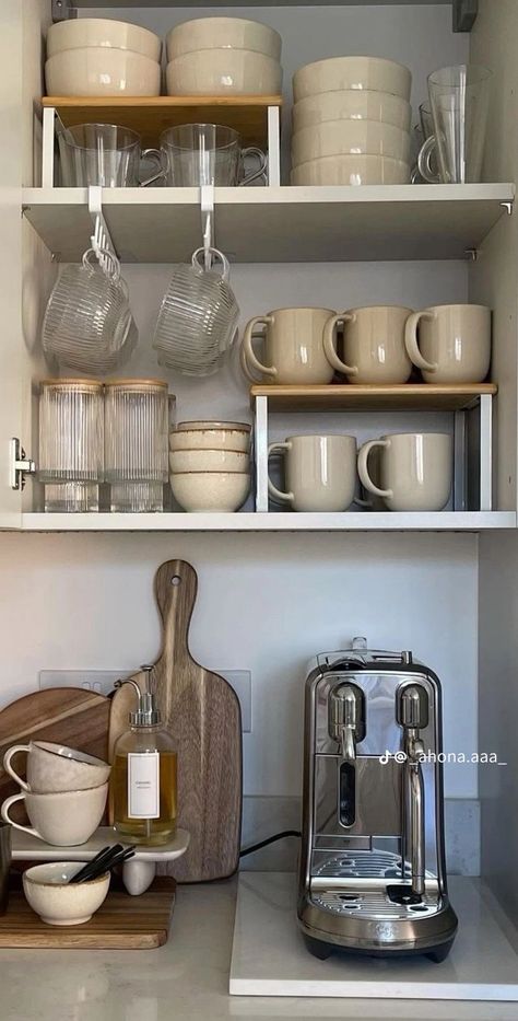 Japandi Kitchen Ideas, Japandi Kitchen, House Organisation, Dream Apartment Decor, Kitchen Organisation, Future Apartment Decor, Coffee Corner, Home Organisation, Apartment Decor Inspiration