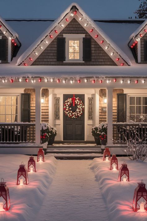 21 Red and White Christmas Décor Ideas You’ll Want to Try This Year Red And White Outdoor Christmas Decorations, Red And White Christmas Outdoor Decor, Red And White Outdoor Christmas Decor, Red And White Christmas Lights On House, Red And White Outdoor Christmas Lights, Red Christmas Lights Outdoor, Cool White Christmas Lights Outdoor, White Tree Ideas, Red And White Christmas Lights