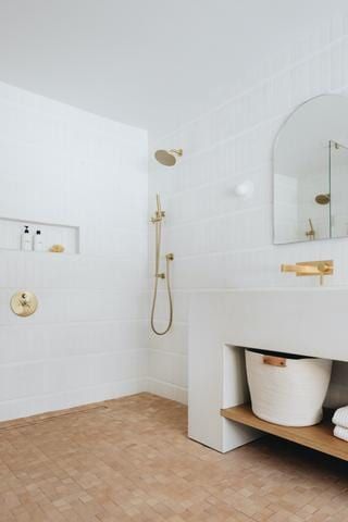 clé tile | design emboldened Terracotta Tile Floor, Bathroom Tour, Hot Tub Room, Creative Tile, Sarah Sherman, Shower Tile Ideas, Sarah Sherman Samuel, Cle Tile, Large Vanity