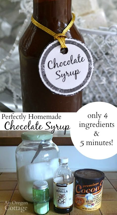 Never buy junky chocolate syrup again - make it at home with 4 pantry ingredients and 5 minutes! Chocolate Syrup Recipe, Pantry Basics, Chocolate Syrup Recipes, Homemade Chocolate Syrup, Homemade Syrup, Syrup Recipe, Sweet Sauce, Chocolate Syrup, Made From Scratch