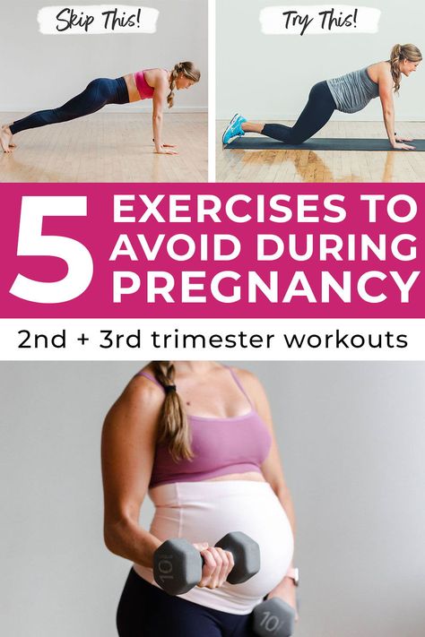 5 Exercises To Avoid During Pregnancy, plus pregnancy-safe modifications! I'm sharing tips and tricks for active mamas who worked out before and during pregnancy on how to safely adapt their workouts during the 2nd and 3rd trimesters! #fitmom #pregnancyworkouts #pregnancysafe Pregnancy Workout Plan, Pregnancy Safe Workouts, Pregnancy Workouts, Exercise During Pregnancy, 3rd Trimester, Prenatal Workout, Trimesters Of Pregnancy, Hard Workout, First Pregnancy