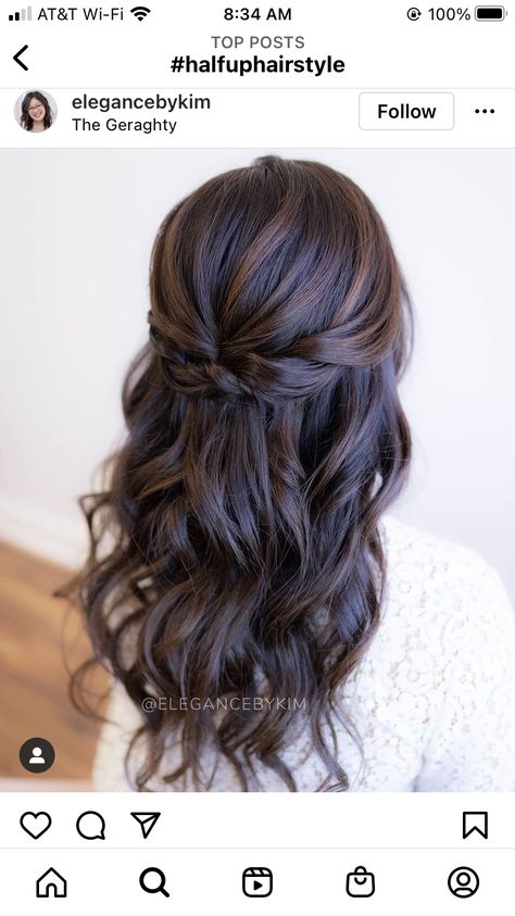 Mid Length Wedding Hairstyles Half Up, Wavy Hairstyles For Wedding Guest, Wedding Hairstyles Half Up Half Down Brown Hair, Wedding Hairstyles For Long Brown Hair, Prom Hairstyles For Dark Hair, Brown Bridesmaid Hair, Brunette Hair Half Up Half Down, Half Up Half Down Wedding Hair Brown, Hairstyles For Prom Medium Length Brown Hair