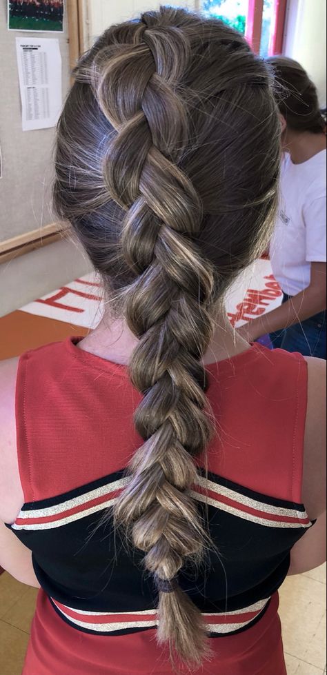 thick single dutch braid Low Dutch Braid, Dutch Braid Single, One Dutch Braid Down The Middle, Single Dutch Braid, Slick Backs, Dutch Braid Hairstyles, Dutch Braids, Cheer Hair, School Hair