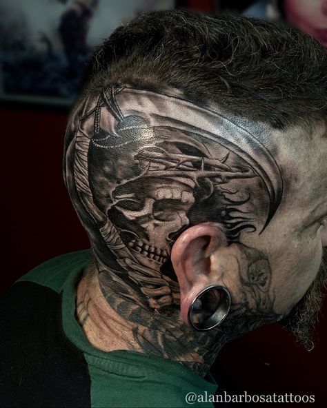 Grim Reaper Head Tattoo, Reaper Head Tattoo, Reaper Art, P Tattoo, Grim Reaper Art, Head Tattoo, Skull Pictures, Neck Tattoo For Guys, Dark Artwork