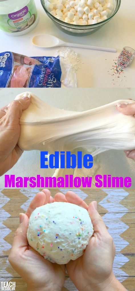 Edible Marshmallow Slime with Sprinkles Edible Marshmallow Slime, Slime Edible, Homemade Edible Slime, Edible Science Experiments, Starburst Slime, Marshmallow Slime, Edible Science, Candy Slime, Chocolate Slime