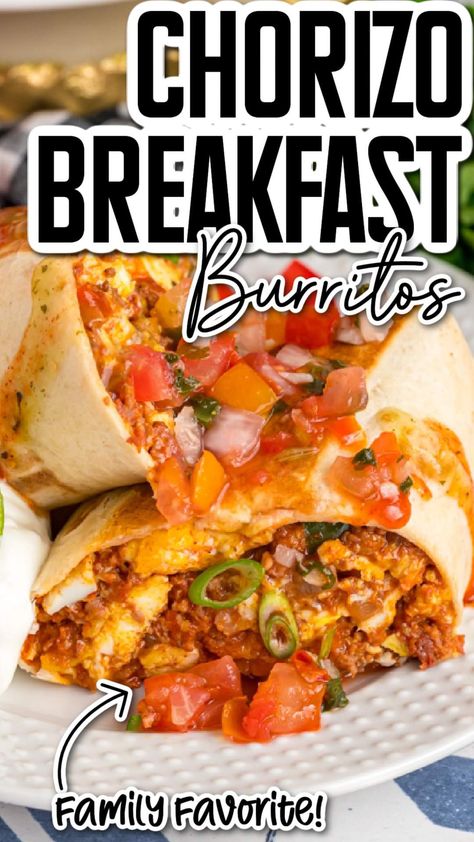 Breakfast has never been this tempting, with layers of spicy chorizo, scrambled egg, warm and gooey cheese all wrapped up in a beautifully golden brown flour tortilla. This Chorizo Breakfast Burrito is not a recipe to miss! Chorizo Breakfast Burrito, Best Breakfast Burritos, Burrito Ingredients, Breakfast Burrito Recipe, Chorizo Breakfast, Chorizo And Eggs, Burrito Recipe, Breakfast Burritos Recipe, Breakfast Prep