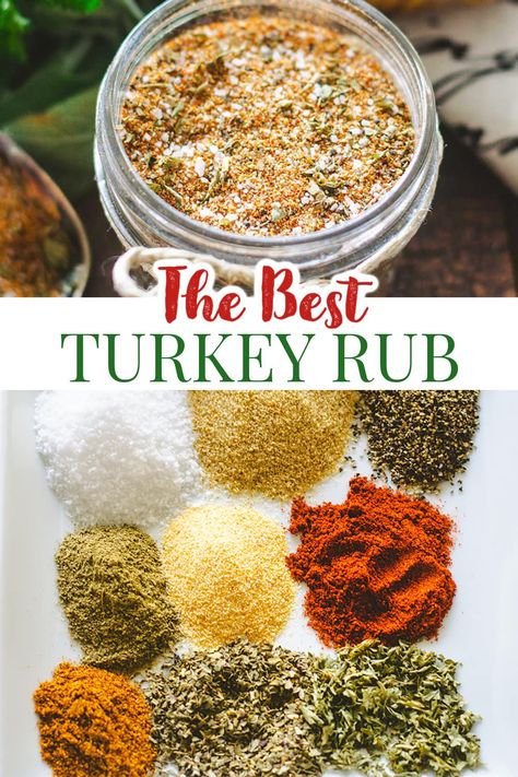 This homemade turkey rub is a blend of savory spices and herbs to make the ultimate poultry seasoning! A Homemade spice rub adds loads of flavor to your Thanksgiving turkey, while also delicious on chicken, beef, and pork! #turkeyrub #turkeybutterrub #thanksgivingturkeyseasoning Turkey Rub Recipes Thanksgiving, Dry Rub For Turkey, Best Turkey Seasoning, Best Turkey Rub Recipe, Turkey Rubs, Smoked Turkey Rub, Turkey Rub Recipes, Rub Seasoning, Turkey Rub