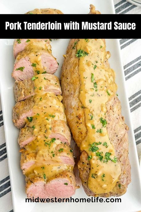 One-pan Mustard Pork Tenderloin is tender and juicy with a savory Dijon mustard sauce that cooks in about 30 minutes. Fast, easy pork tenderloin recipe is simple enough for a weeknight meal and elegant enough for a special occasion. Easy Pork Tenderloin Recipe, Creamy Dijon Sauce, Rosemary Pork Tenderloin, Easy Pork Tenderloin Recipes, Leftover Pork Tenderloin, Pork Tenderloin Marinade, Dijon Mustard Sauce, Easy Pork Tenderloin, Creamy Dijon