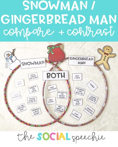 Snowman and Gingerbread Man Compare/Contrast Activity | The Social Speechie Gingerbread Man Compare And Contrast, Winter Slp Activities, Gingerbread Speech Therapy Activities, Christmas Speech Therapy Activities, Compare Contrast Activities, Friday Activities, Gingerbread Story, Christmas Read Aloud, Gingerbread Unit