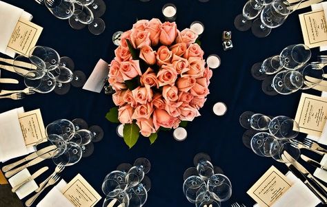 Navy with white and then pink flowers? Navy Blue And Pink Party, Blue And Pink Party, Coral Wedding Colors Scheme, Coral Centerpieces, Coral Wedding Colors, Navy Table, Navy And Coral, Nantucket Wedding, Dinner Setting