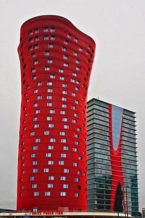 Hotel Porta Fira (aka Torres de Toyo Ito) with Torre Realia BCN #Barcelona #Spain Surrealist Architecture, Red Buildings, Toyo Ito, Unusual Buildings, Barcelona Catalonia, New Architecture, Amazing Buildings, Unique Buildings, Unique Architecture