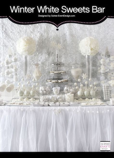 Winter White Bridal Shower Sweets Table designed by Soiree-EventDesign.com featuring LOTS of gourmet sweets from the hottest sweets vendors! Winter Bridal Shower Themes, Bridal Shower Sweets, Tulle Tablecloth, White Party Theme, White Party Decorations, Winter Bridal Showers, Winter Wonderland Baby Shower, White Baby Showers, White Bridal Shower