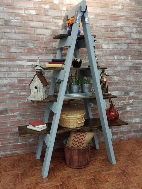 Garden Junk Ideas, Ladder Tree, Ladder Shelf Decor, Wooden Ladders, Storage Ladder, Ladder Ideas, Distressed Furniture Painting, Junk Ideas, Farmhouse Style Furniture