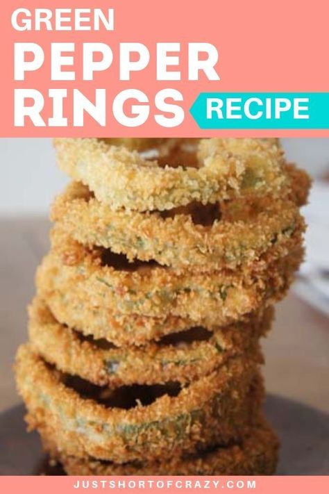 Easy Appetizer Recipes For Deep Fried Green Peppers Rings, Cheese, & Asparagus - Just Short of Crazy  #recipeideas  #deliciousrecipe #dinnerideas Green Pepper Rings, Pepper Rings Recipe, Yummy Easy Snacks, Ring Recipes, Garden Meals, Fried Cheese Bites, Green Pepper Recipes, Pepper Rings, Fried Veggies