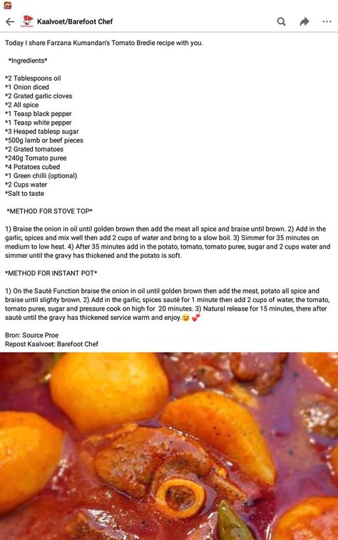 Tamatie Bredie South Africa, Vleis Geregte, Sweet Crepes Recipe, South African Dishes, Chicke Recipes, Homemade Beef Stew, African Cooking, Mutton Recipes, Easy Rice Recipes