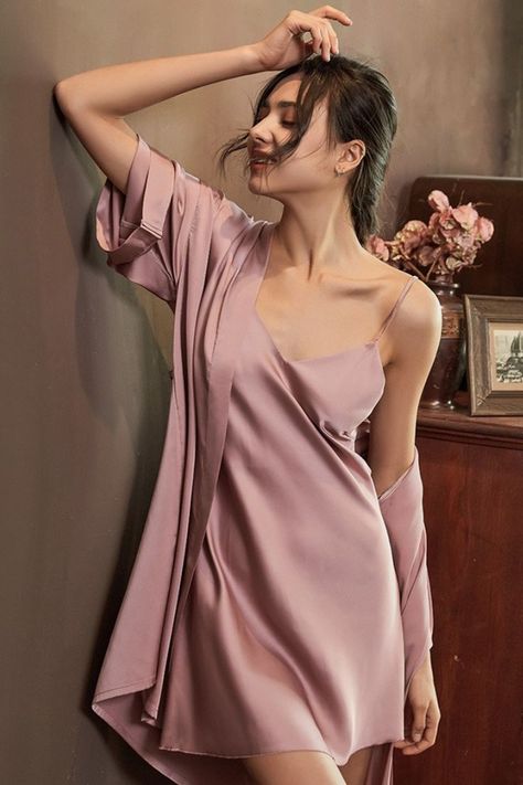 Sexy Robe Set Kimono Bathrobe Gown Women Summer Sleepwear Loose Casual Nightwear Backless Nightgown Silk Satin Home Dress Satin Sleepwear Dress, Night Gowns For Women, Women Nightwear Dresses, Gown Casual, Silk Nightdress, Kimono Bathrobe, Night Gown Dress, Robe Women, Summer Sleepwear