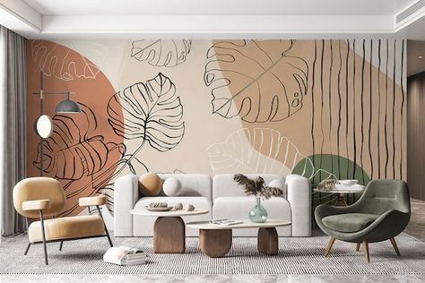 Geometric Wall Paint, Mural Tropical, Mid Century Modern Wallpaper, Wall Murals Diy, Living Room Murals, Abstract Wall Painting, Modern Mural, Bohemian Wall Decor, Wall Murals Painted