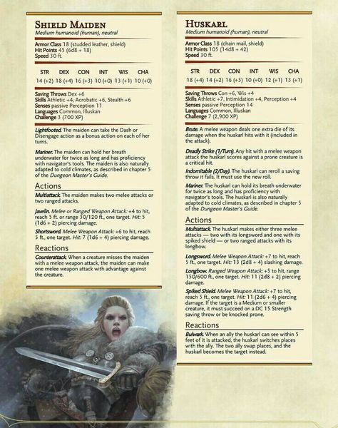 Viking style NPCs: Shieldmaiden (CR 3) & Huskarl (CR 7) – DnD 5e Homebrew Dnd Army, Dnd Resources, Dnd Concept, Dnd Creatures, Dnd Npc, Cr 7, Dnd Stats, Dragons 5e, Dnd Classes