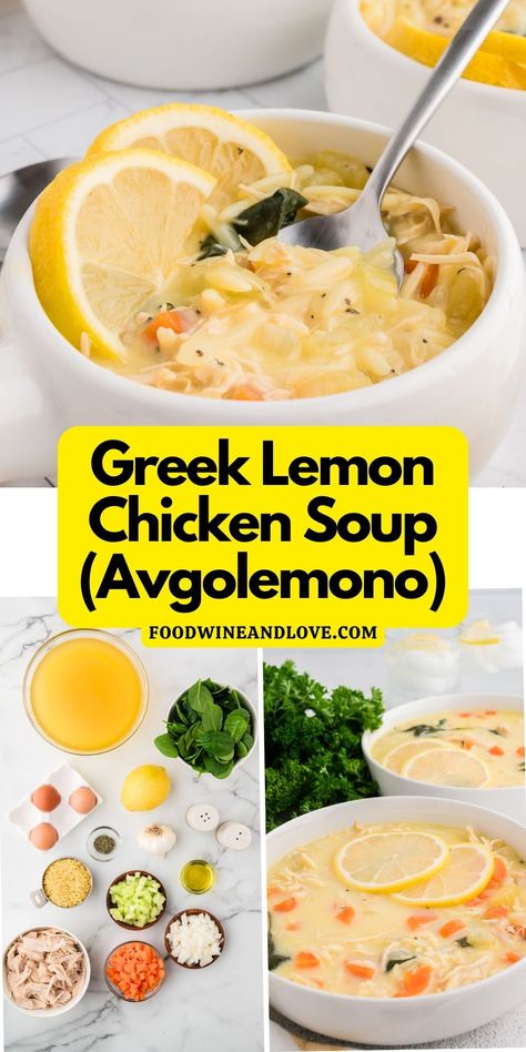 Greek Lemon Chicken Soup (Avgolemono) Greek Lemon Chicken Soup Avgolemono, Lemon Orzo Soup, Chicken And Orzo, Mediterranean Recipes Healthy, Greek Lemon Chicken Soup, Avgolemono Soup, Creamy Soup Recipes, Lemon Chicken Soup, Lemon Orzo