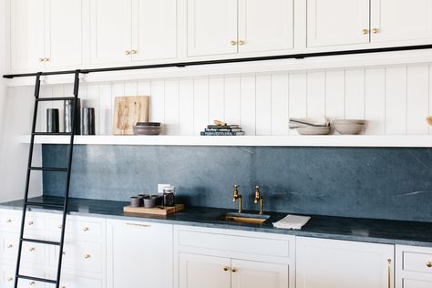 design |    @gatherprojects     staging |    @lexigracedesign Metal Interior Design, Blue Countertops, Soapstone Kitchen, Kitchen Color Trends, Best Kitchen Colors, Soapstone Countertops, Marble Kitchen, Kitchen Design Trends, White Cabinetry