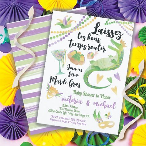 New Orleans Theme, Mardi Gras Invitations, Baby Shower Themes Neutral, Twins Baby Shower, Mardi Gras Party, King Cake, Baby Themes, Fat Tuesday, Christmas Invitations