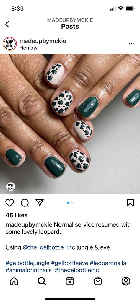 Matte Green Nails With Leopard, Olive Green Leopard Nails, Red And Green Leopard Nails, Green Nails With Leaf Design, Safari Nails Designs Green, Autumn Leopard Print Nails, Green And Cheetah Nails, Safari Nail Ideas, Safari Theme Nails