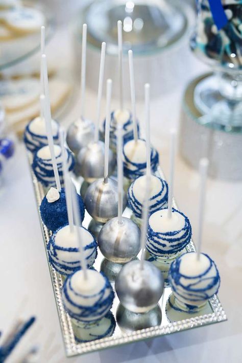 Royal Blue and Silver Wedding | CatchMyParty.com Silver And Blue Party Decor, Navy Blue White And Silver Wedding Theme, Silver And Blue Wedding Theme, Quince Decorations Royal Blue And Silver, Royal Blue And Silver Birthday Decor, Blue And Silver Table Setting, Royal Blue And Silver Wedding Decor, Blue And Silver Graduation Party Ideas, Blue And Silver Graduation Cake