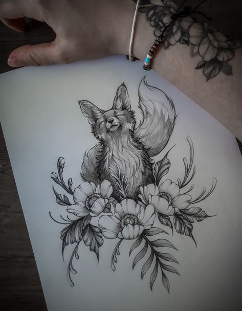 Available on insta @tattoo_studink Fox Tattoo With Flowers, Fox Skeleton Tattoo, Fox Arm Tattoo, Fox And Flowers Tattoo, Front Thigh Tattoos, Insta Tattoo, Fox And Flowers, Fenrir Tattoo, Underarm Tattoo