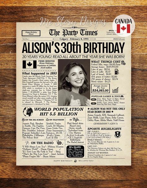 30th Birthday Newspaper Poster 1993 CANADA 30th Birthday - Etsy Canadian Facts, 30th Birthday Gifts For Men, 30th Birthday Sign, 30th Birthday Games, Birthday Newspaper, Newspaper Poster, 30th Birthday Decorations, 30th Birthday Gift, Vintage Newspaper