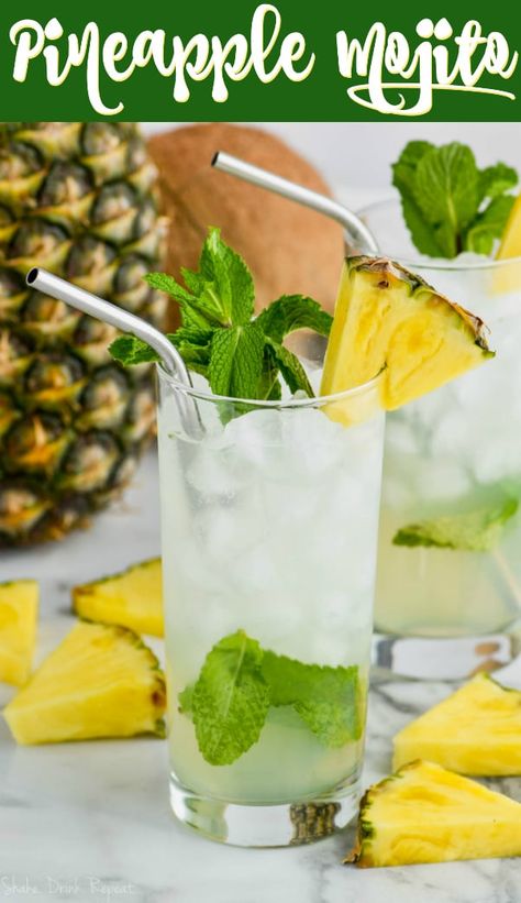 This Pineapple Mojito is everything you want it to be! The delicious flavors of a Piña  Colada mixed with mint and made into an amazing mojito! Pineapple Mojito, Flavored Rum, Vodka Soda, Make Simple Syrup, Mojito Cocktail, Mojito Recipe, Shakes Drinks, Coconut Rum, Refreshing Cocktails