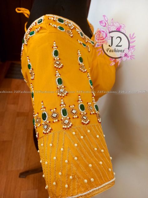 Yellow Aari Work Blouse, Yellow Blouse Design Silk, Yellow Work Blouse Designs, Yellow Maggam Work Blouses, Yellow Blouse Maggam Work, Yellow Blouse Design, Organza Saree Blouse Designs, Organza Saree Blouse, Yellow Blouse Designs