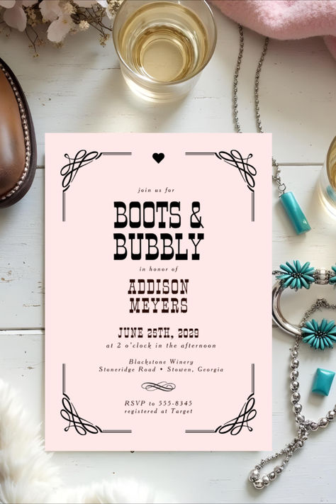 Kick up your heels with this "Boots & Bubbly" Western Cowgirl Bridal Shower Invitation! Featuring rustic and western-inspired typography, this design sets the tone for a fun and stylish celebration. Perfect for honoring the bride-to-be with a mix of country charm and modern elegance. Personalize the details to create a unique invitation that will delight your guests. Country Bridal Shower Ideas, Cowgirl Bridal Shower, Western Bridal Showers, Country Bridal Shower, Shop Boots, Bridal Shower Brunch, Rustic Bridal, Bridal Shower Rustic, Unique Invitations