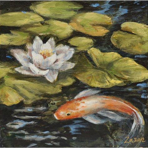 Contemporary Koi Fish Painting "Koi Joy #6" by Karen Zazon -  #contemporary #Fish #Joy #Karen #Koi #Painting #Zazon Lilly Pads Aesthetic, Koi Painting Watercolour, 1940s Paintings, Koi Fish Painting Acrylics, Pond Paintings, Cottagecore Painting, Koi Fish Painting, Koi Painting, Koi Fish Drawing