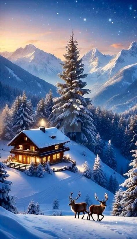 Winter Scenes Wonderland, Christmas Screen Savers, Scandinavian Painting, Beautiful Winter Pictures, Beautiful Christmas Scenes, Winter Christmas Scenes, Beautiful Winter Scenes, Oil Painting Pictures, Cabin In The Mountains