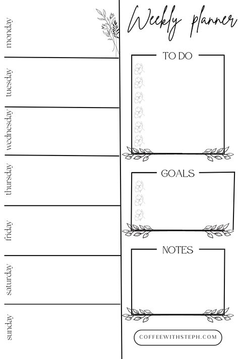 This is a free weekly planner printable. There are spaces for each day of the week, to do list, goals and notes. It is in black and white for easier printing. 2 Week Planner Printable, Free Weekly Printable Planner, Weekly Template Planner, Week At A Glance Printable Free, Weekly To Do List Printable Free, Weekly Planner Pdf Free, Printable Bullet Journal Pages Free, Happy Planner Printables Free, Weekly Planner Template Goodnotes