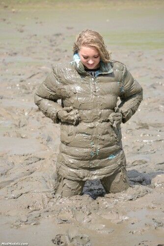 That's one muddy girl Mudding Girls, Muddy Girl, Red Hunter, Wet Clothes, Puffy Jacket, Profile Photo, Rain Wear, Rain Boots, Garden Sculpture